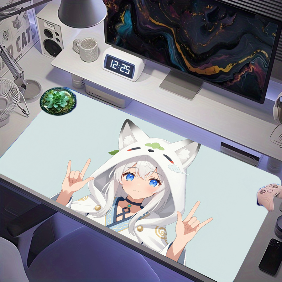 Linda raposa de anime de pelo branco em moletom em um fundo azul claro, Mouse pad gamer grande XXL, tapete de mesa de