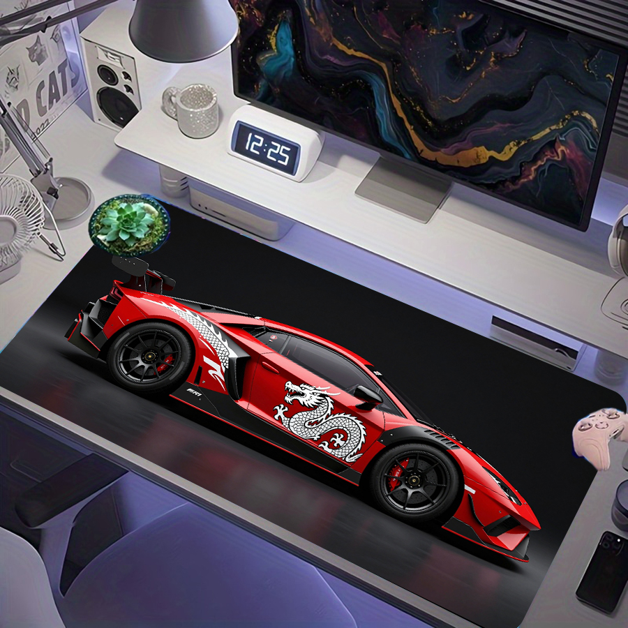 Mouse Pad Gamer Estendida com Decalque de Dragão Branco em Carro Esportivo Vermelho, XXL