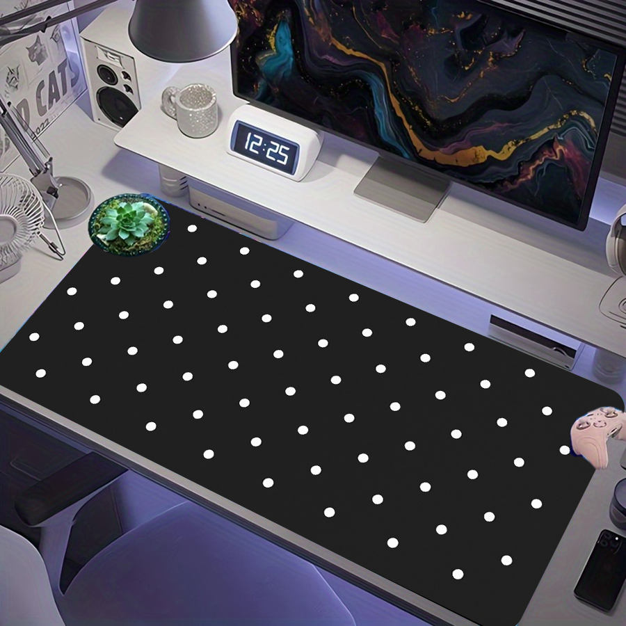 Mouse Pad Gamer Preto e Branco Minimalista com Estampa de Bolinhas, Base Antiderrapante de Borracha, Tamanho XXL