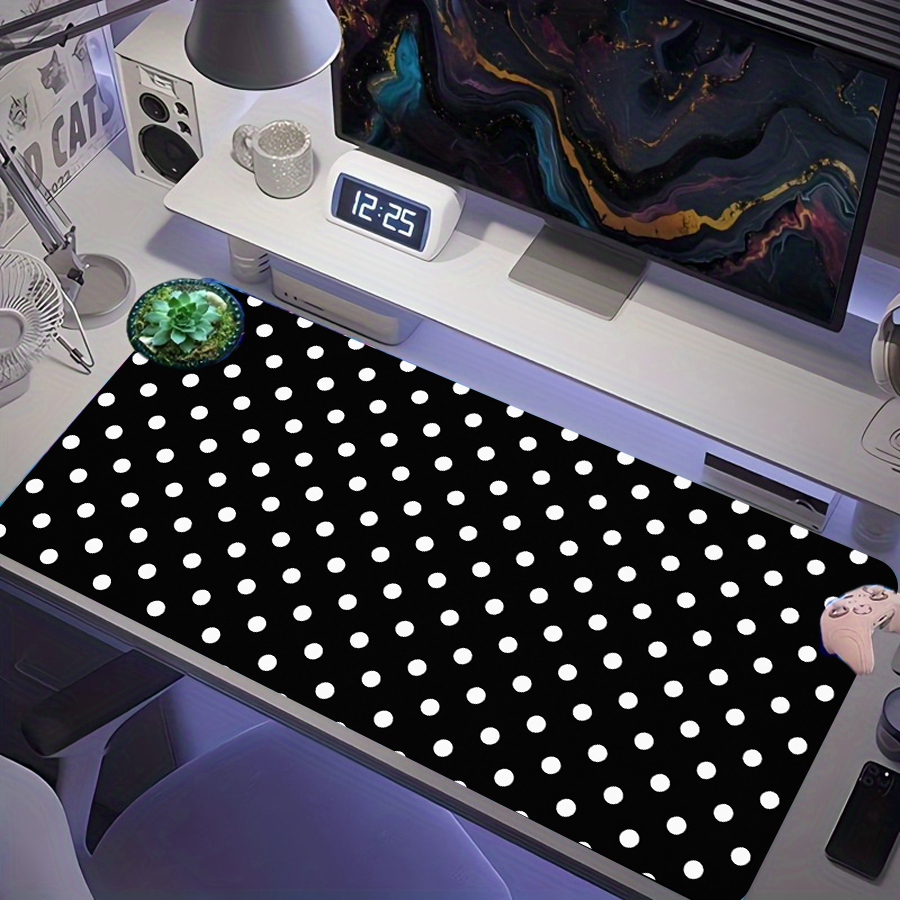 Mouse Pad Gamer Estendido com Polca Dots Pretos e Brancos, Base Antiderrapante de Borracha, Tamanho XXL