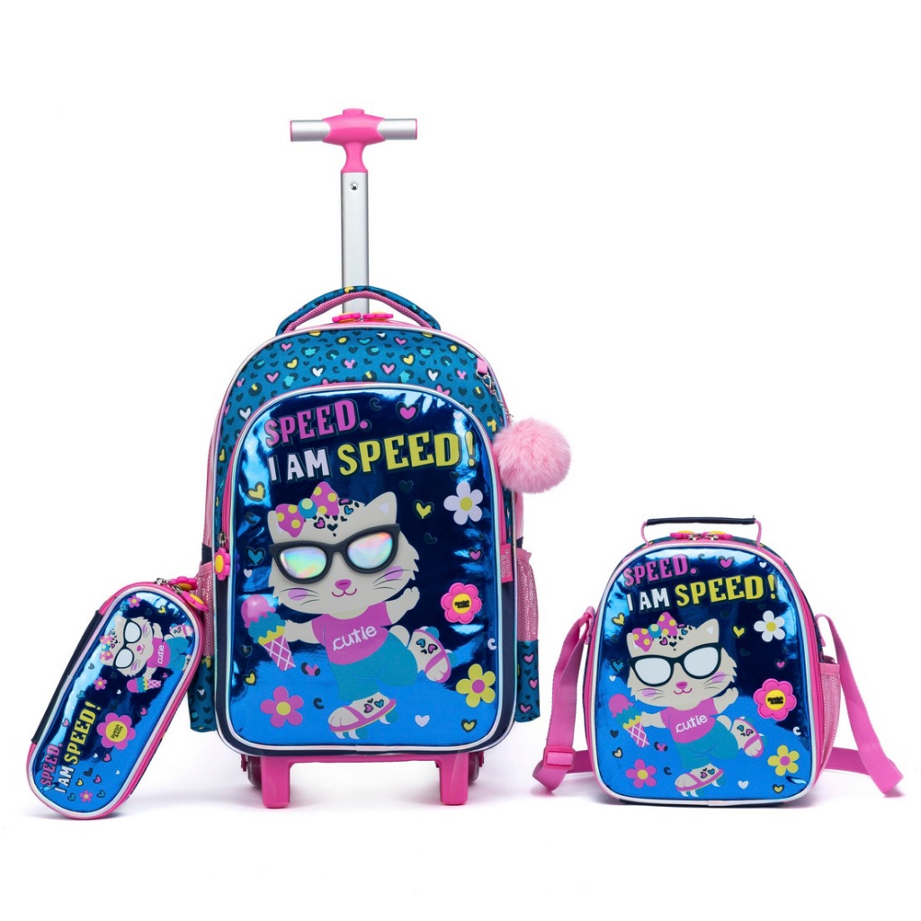 Kit Mochila Rodinha Lancheira Estojo Cat Kitty Espacial Infantil Reforçada Gulph