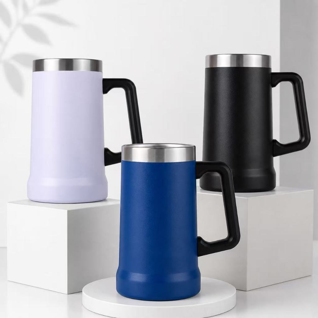 700ml Stainless Steel Beer Stein Double Wall Insulated Thermal Tumbler Shatterproof Big Grip Coffee Mug for H
