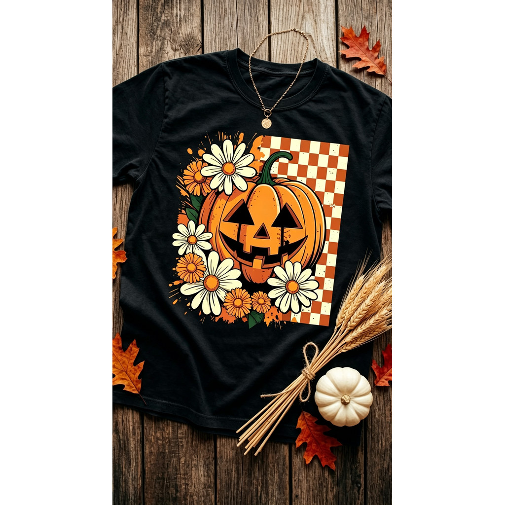Camisa de Halloween Feminina Preta, com Estampa de Abóbora, Margaridas e Plaid, Ideal para Eventos Festivos