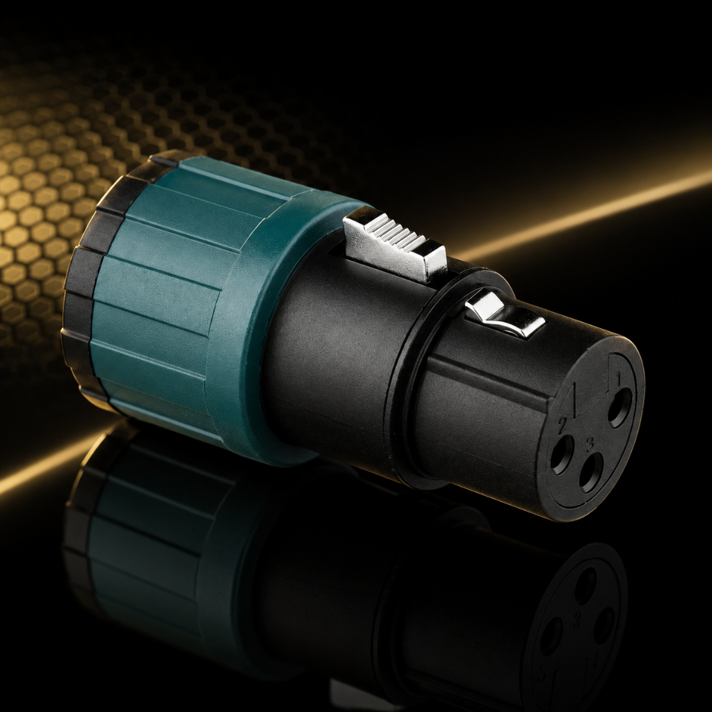 Conector XLR Fêmea de Linha Santo Angelo Low Profile 90° 3 Polos para Cabos, Racks e Interfaces