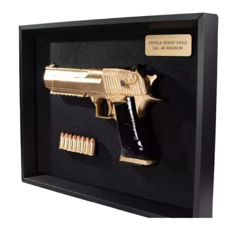 Quadro decorativo réplica Pistola deserto Eagle dourada escala 1:1