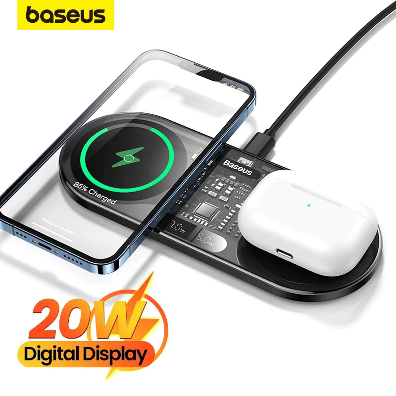 Baseus Estação de Carregamento Sem Fio 2 em 1 com Display 20W Dual Para Celular e Airpod Pro