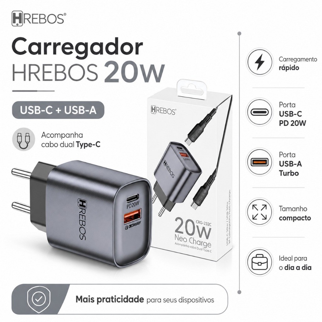 Carregador Turbo 20W USB-C PD USB-A Neo Charge Compacto Com Cabo Dual Type-C Hrebos Original