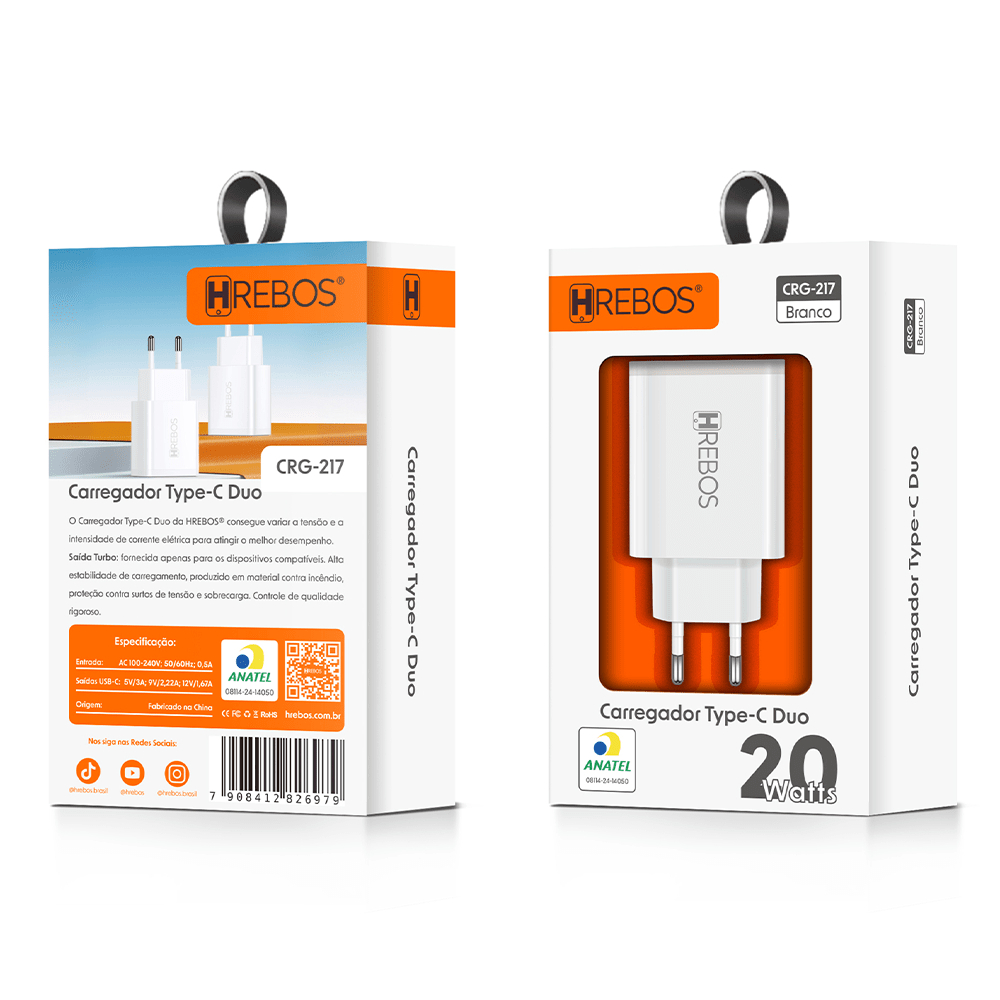 KIT CARREGADOR TURBO RAPIDO 20W ORIGINAL HREBOS DUAL TYPE-C ANATEL