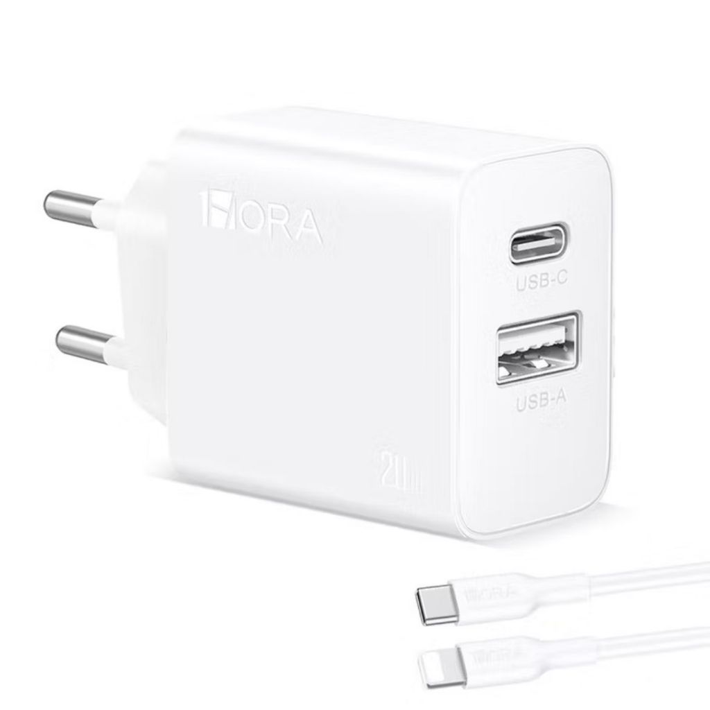 Carregador Turbo 1Hora 20W Dual USB-C + USB-A Com Cabo Lightning
