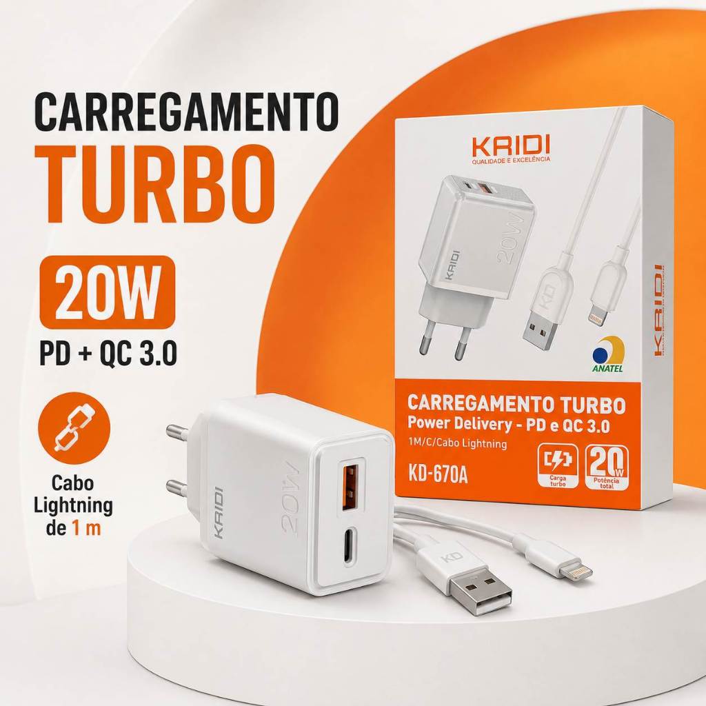 Carregador Turbo 20W Kaidi KD-670 Dual USB-C Port
