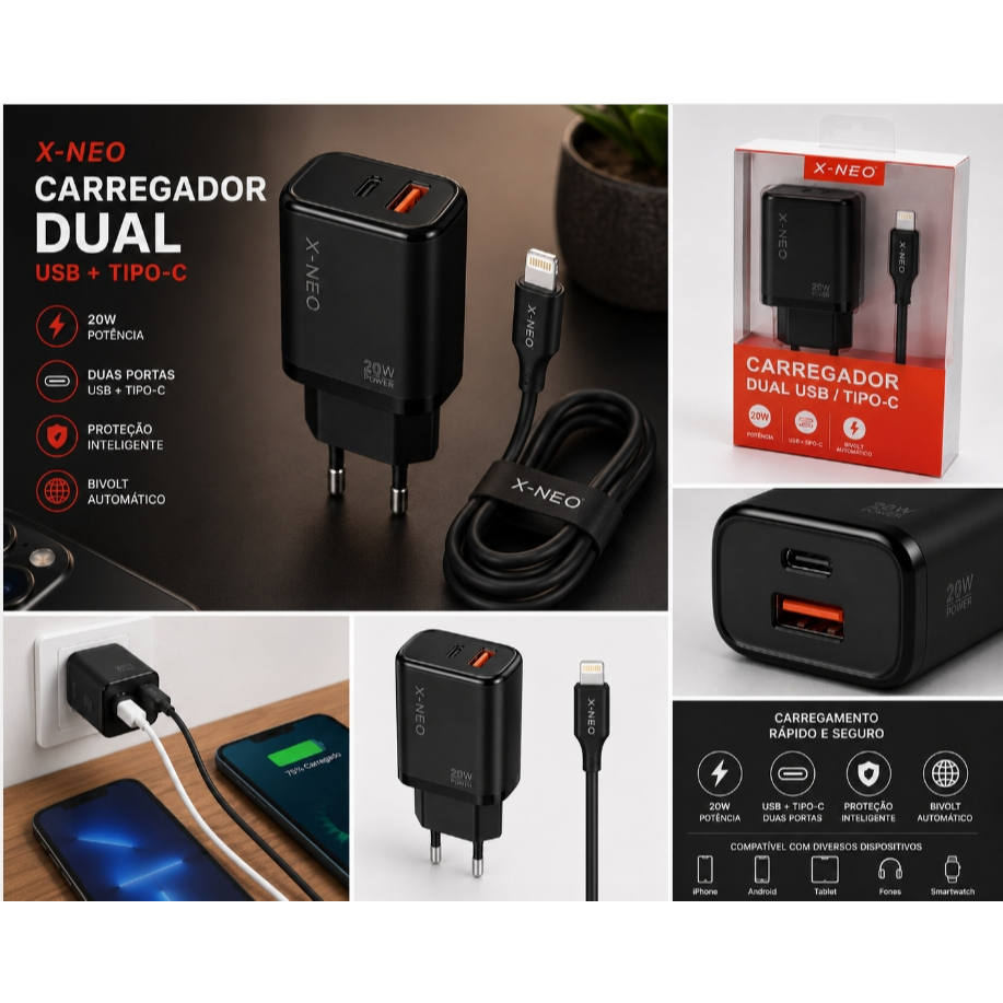 Carregador Dual Turbo X-NEO 20W USB + Tipo-C com Cabo Para Iphone