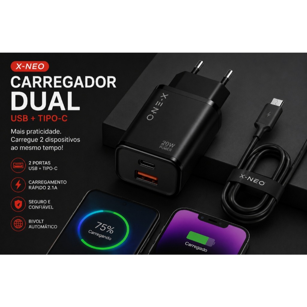 Carregador Turbo Dual USB + Tipo-C X-NEO 20W