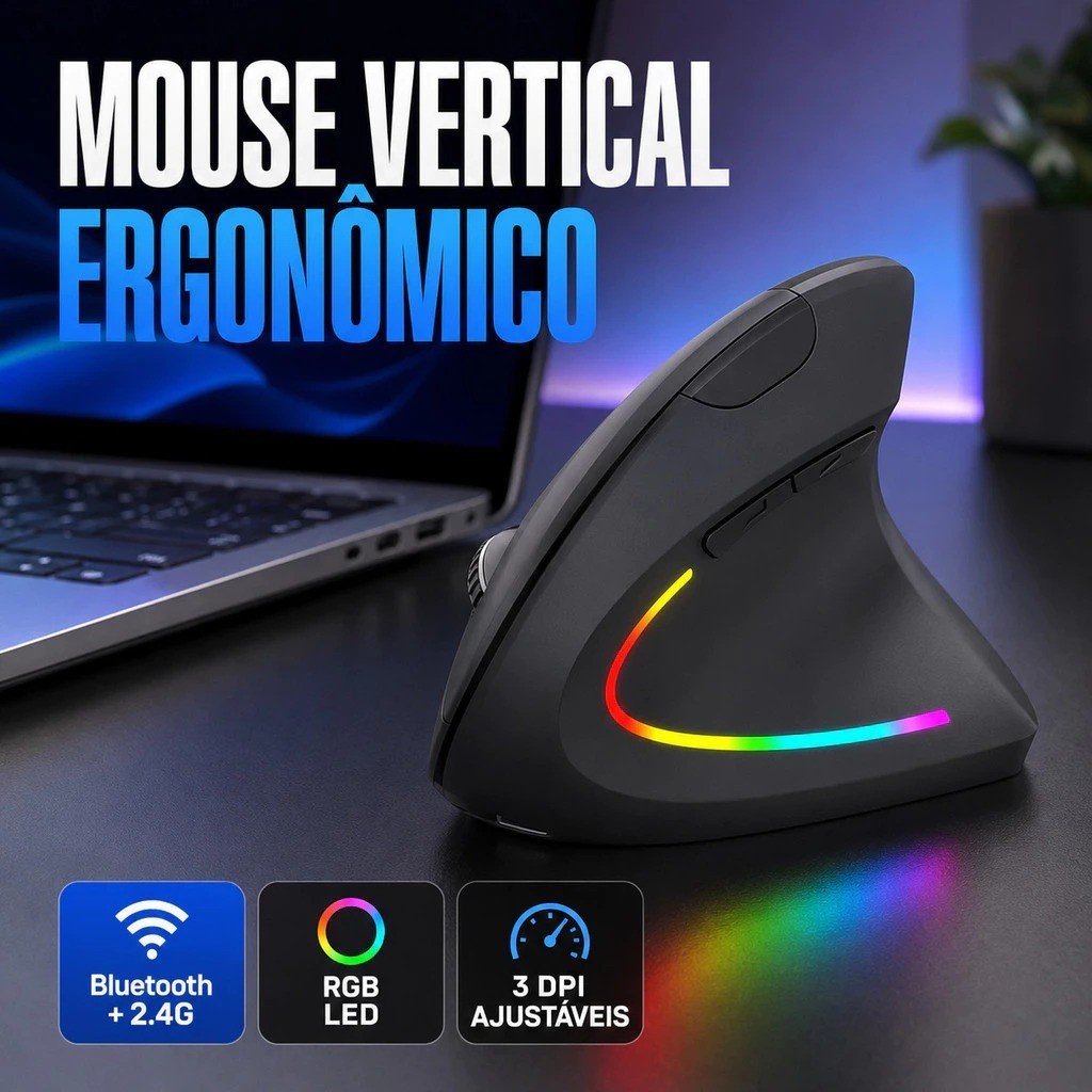 Mouse Vertical Ergonômico Recarregável Sem Fio USB Bluetooth Ortopédico