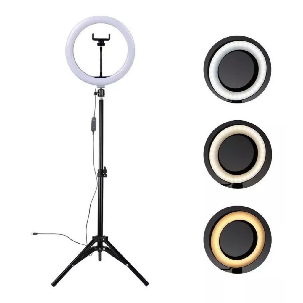 Ring Light Iluminador Led Profissional 26cm Tripé 210cm Branco-frio Preto