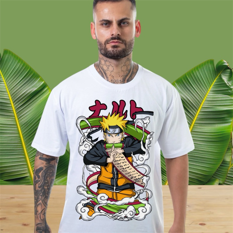 Camiseta Oversized Naruto Anime Masculino Branca Algodão Premium Streetwear