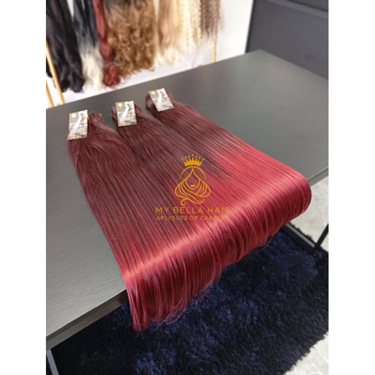 Cabelo Liso Semi Humano 50cm Marsala Fibra Russa na Tela Europeu