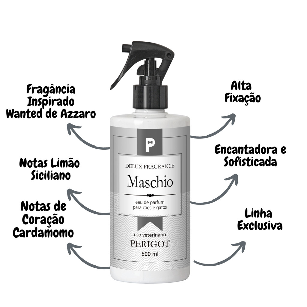 Perfume Alta Fixação Colônia Maschio Delux Perigot 500ml e 50ml para Cães e Gatos