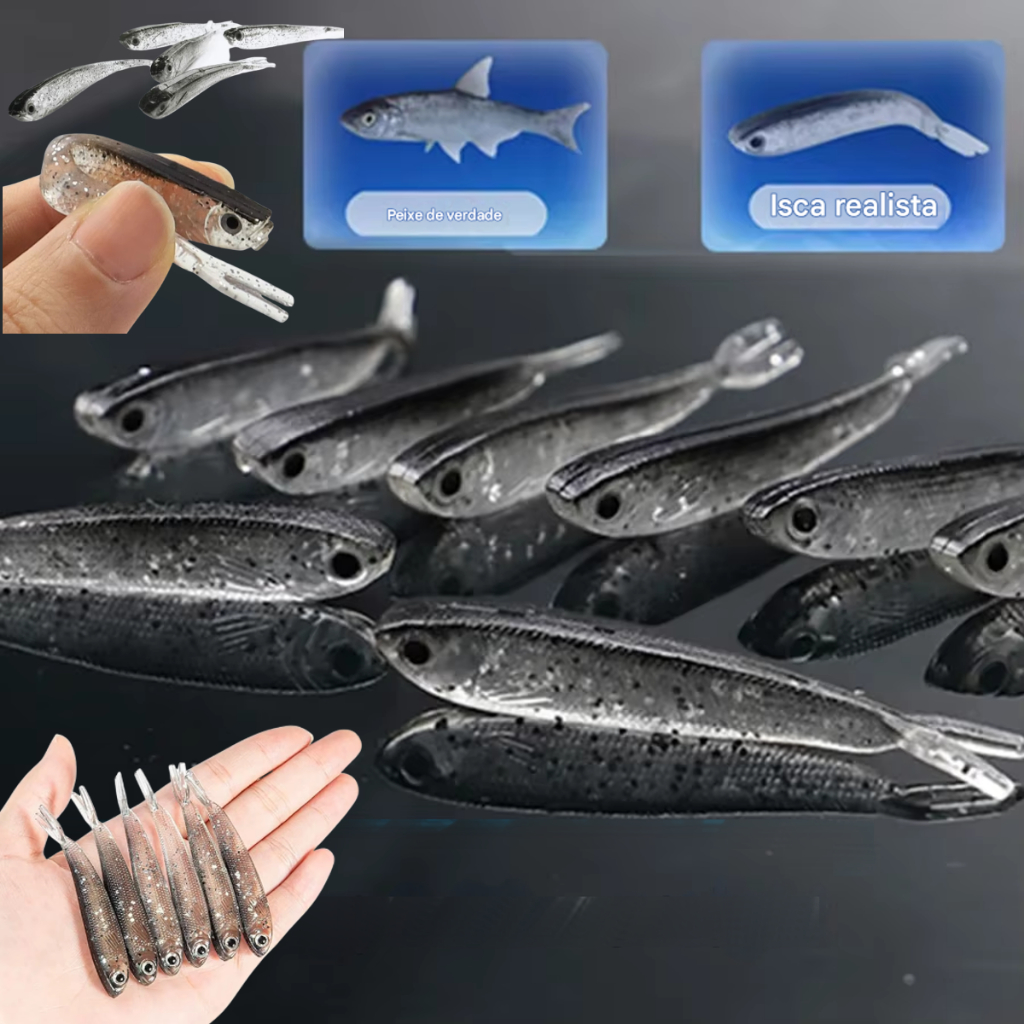Kit 10 Isca Artificial Silicone Peixe Realista Sardinha Cinza Glitter