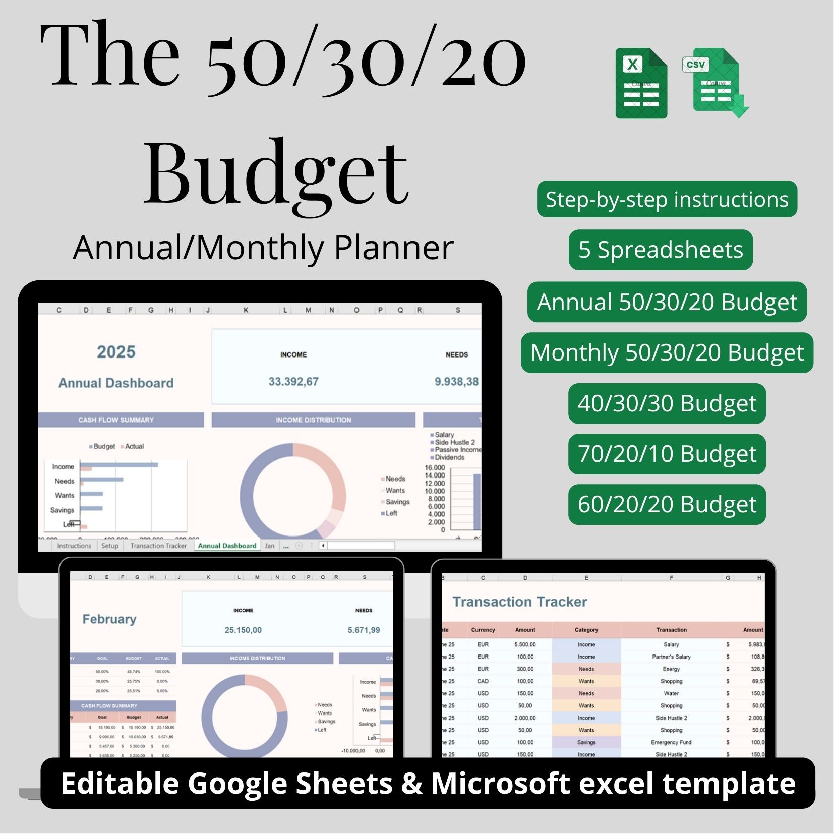 50/30/20 Budget Bundle - 20 Excel/Sheets Templates Smart Money System - 5 Budget Methods