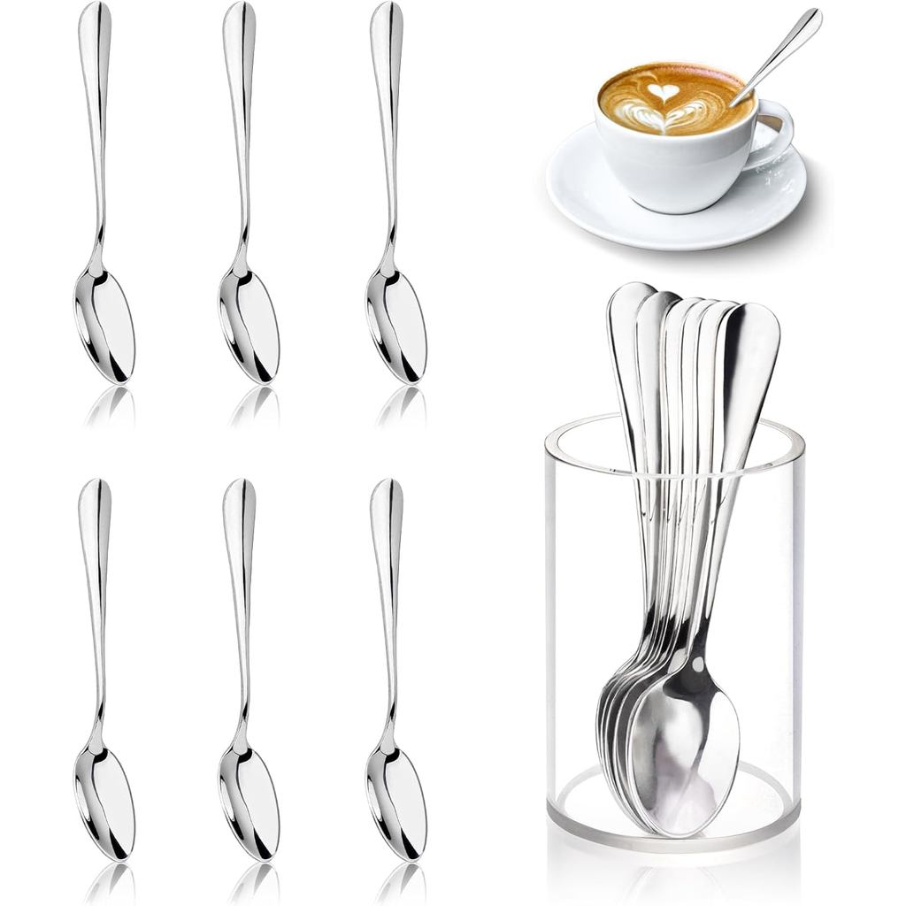 6 Peças de Mini Colheres de Café com Suporte, Colheres de Espresso de Aço Inoxidável de 4,7 polegadas, Prateadas, com Su