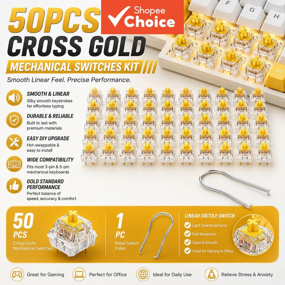 50 unidades de interruptores mecânicos Cross Gold com extrator de interruptor de metal, kit premium de reposição de