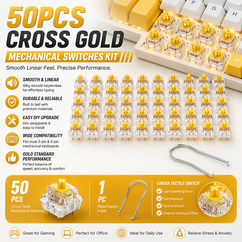 50PCS Interruptores Mecânicos Cross Gold com Extrator de Metal, Kit Premium de Substituição de Teclado Linear/Tátil,