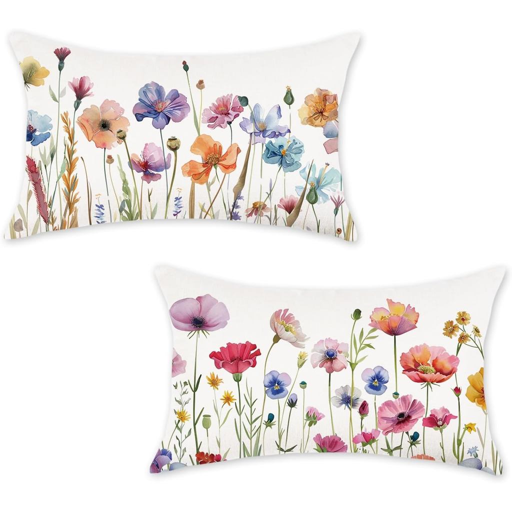 ONWAY Spring Floral Throw Pillow Covers 12x20 Inch Set of 2 Farmhouse Colorful Floers Decorative Pillowcases Summer Outd