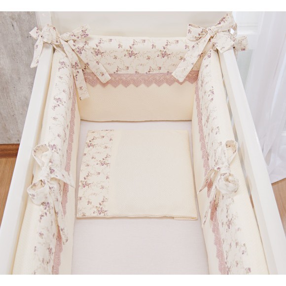 Kit Para mini Berço Bebe Menina Rosê Floral Rosa Antigo 5pçs