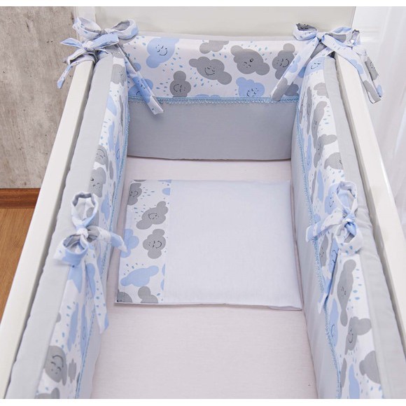 Kit Para mini Berço de Bebê Azul bebe e Cinza Chuva de Bençãos Azu 5pç Protetor Azul e Cinza