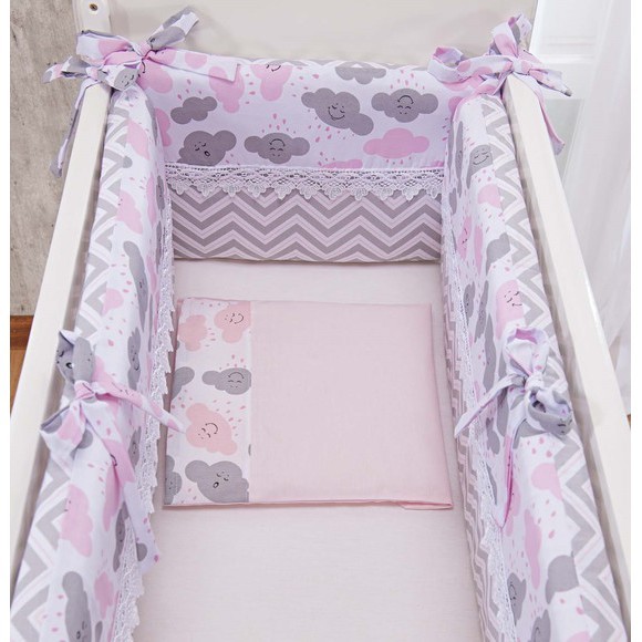 Protetor Para Mini Berço de Bebê Rosa e cinza Chuva de Amor 5pçs Kit para Mini berço Rosa e Cinza