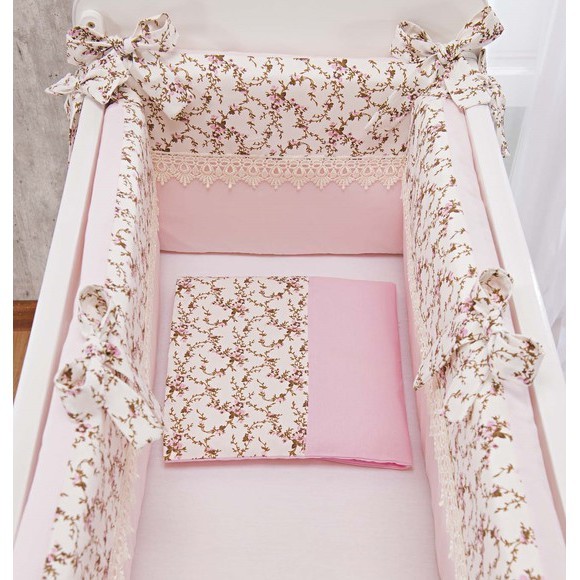 Kit Para Mini Berço Bebe Menina Rosa Floral Sara 5pçs Protetor Para Mini Berço Floral Rosa