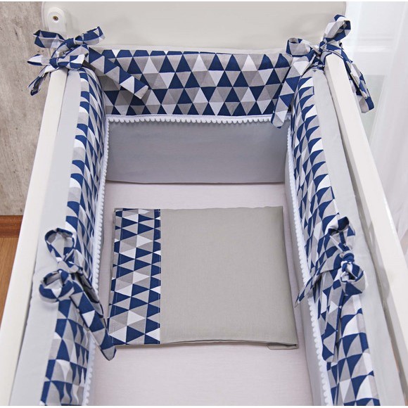 Protetor para Mini Berço de Bebê Azul Marinho e Cinza Geométricos 5pçs Kit Mini Berço de Bebê