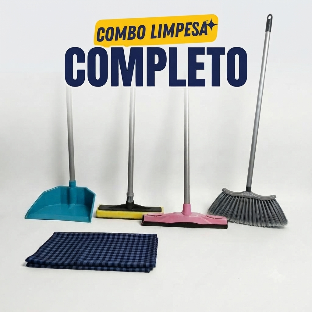 Combo Limpeza Completo Vassoura Prata Rodo e Pá e Pano De Chão