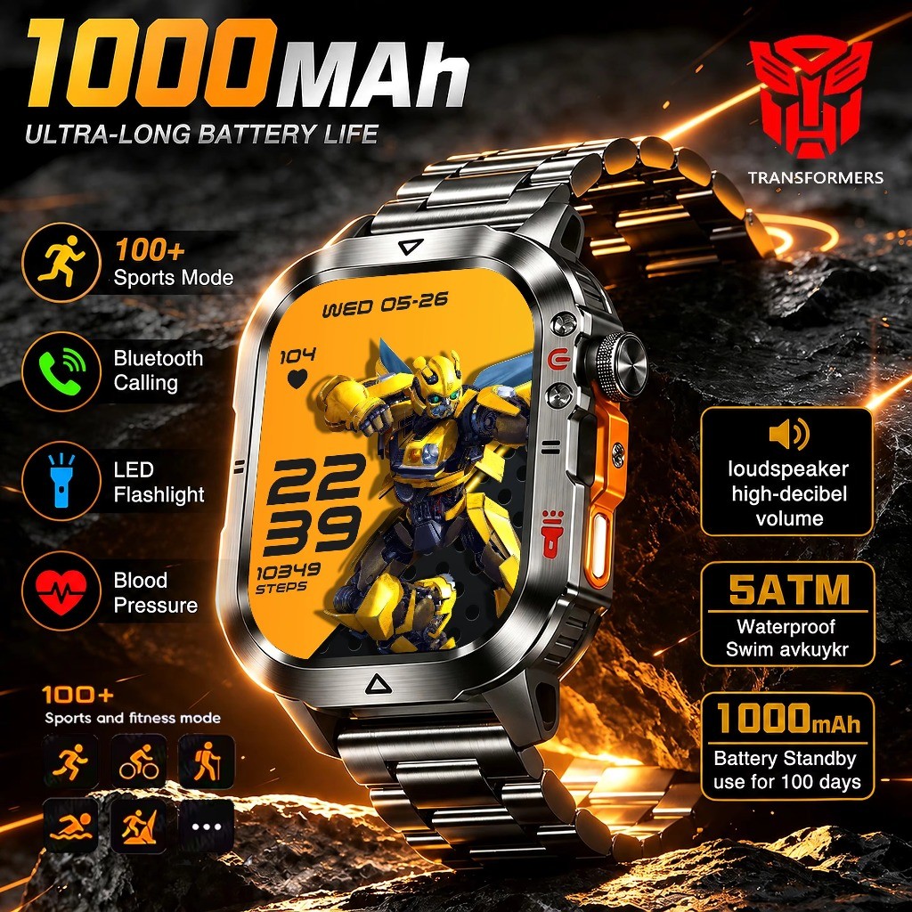 Novo Bumblebee Militar Smartwatch Relógio Inteligente 1000mAh Chamada Bluetooth Lanterna LED Monitor BP 100 + Esportes 5