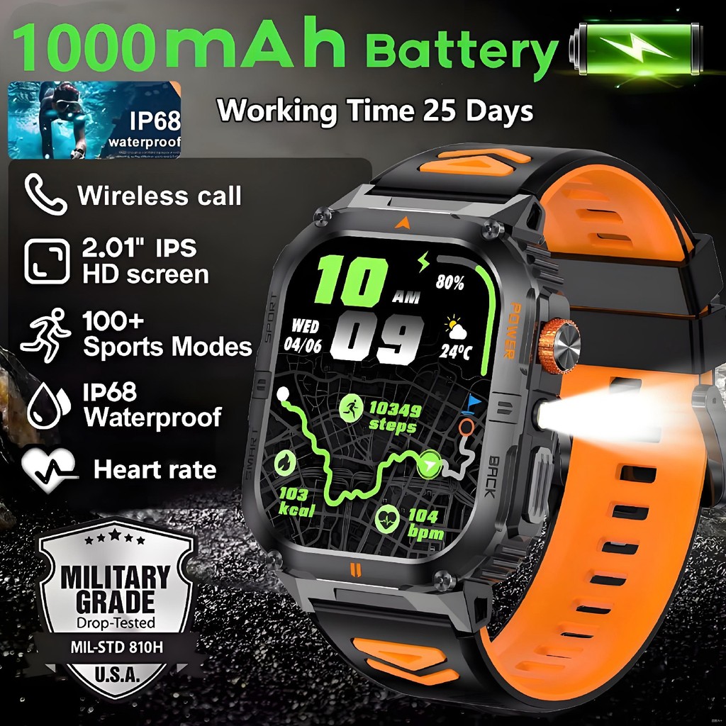 Novo Smartwatch Relógio Inteligente Masculino IP68 À Prova Dip68 Água Lanterna LED Chamada Bluetooth 1000mAh Bateria De