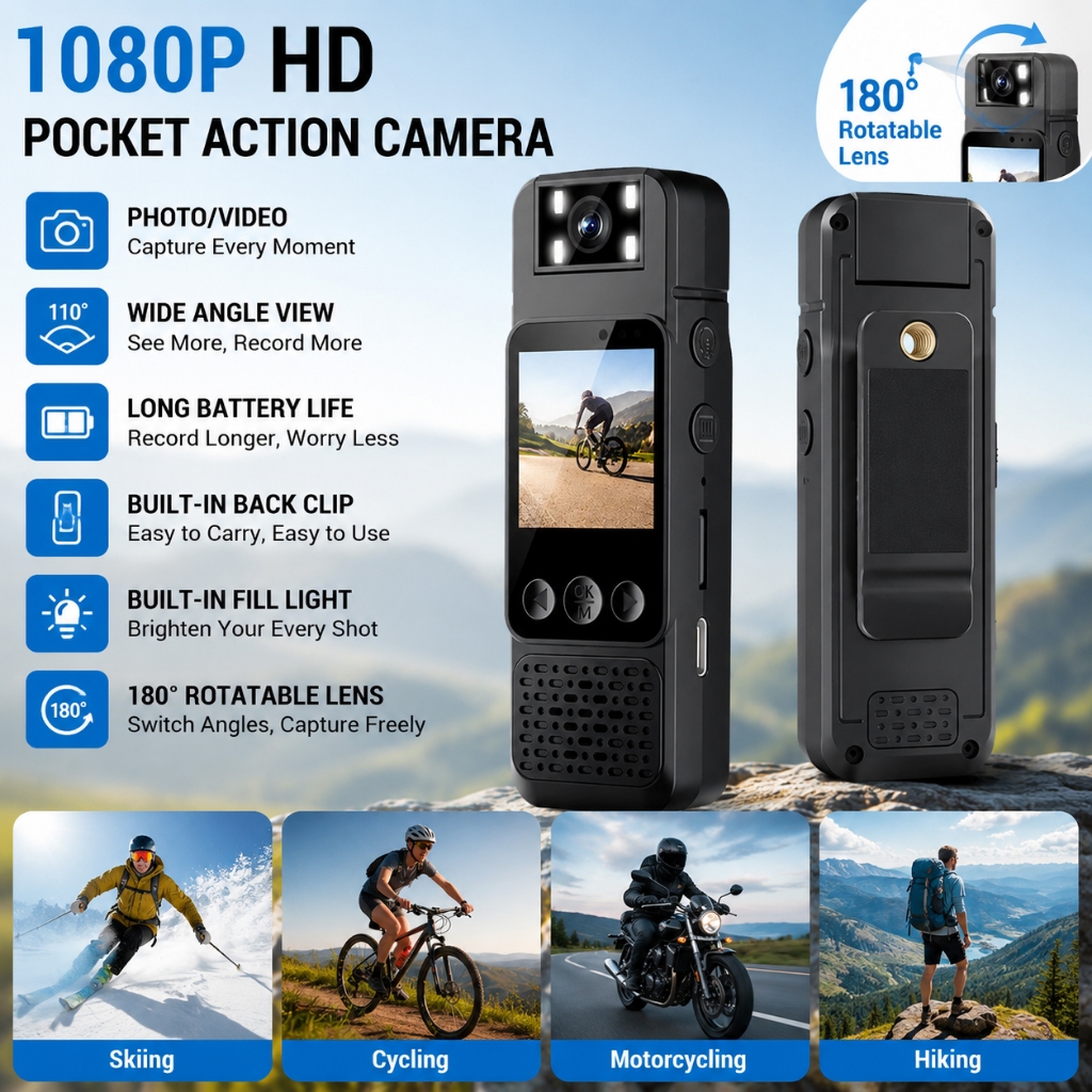 Câmera Portátil HD 1080P 180 ° Rotação Com Luz Noturna LED , Foto/Vídeo Um Clique , Bateria De Longa Duração De 1000mAh