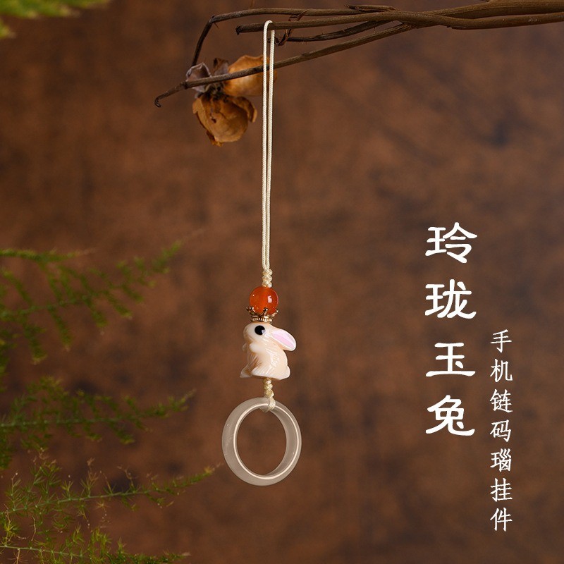 Linglong Jade Rabbit Cordão para celular curto pingente feito à mão Benming Year Bunny Car Keychain Antigo Criativo Únic
