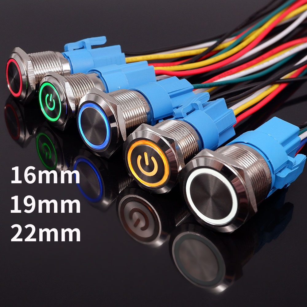 16mm 19mm 22mm Impulso De Metal Botão Interruptor De Luz LED Com Conector Momentâneo Redefinição De Alimentação Do Carro À Prova D'água 5 V 12V24V