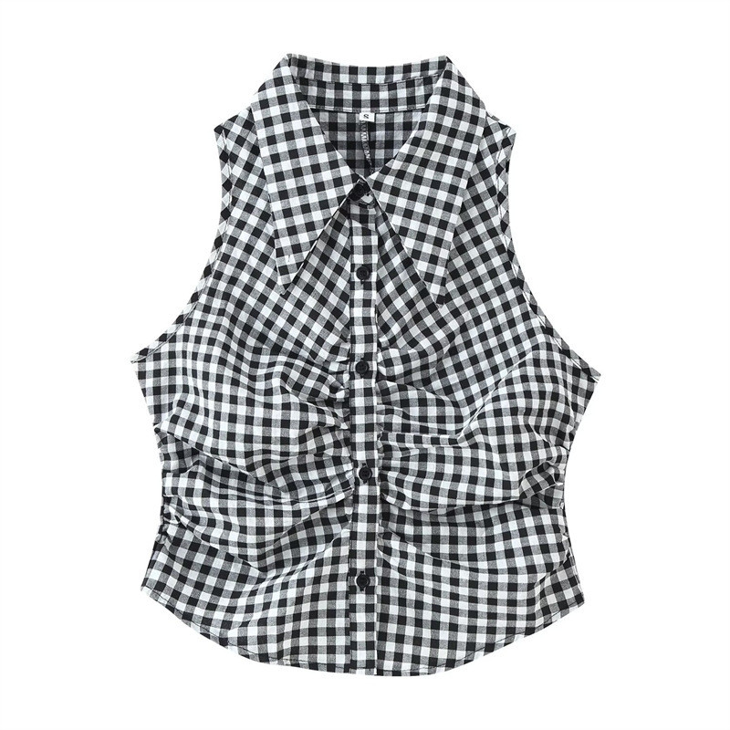 Preto Branco Guingão Sem Mangas Camisa Gola Único Breasted Ruched Fino Ajuste Feminino Casual Recortado Topo