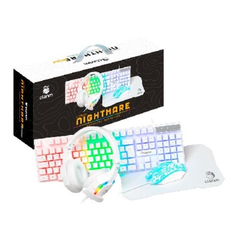 Combo Gamer Clanm Nightmare Snow,conjunto completo branca iluminaçãoRGB,teclado,mouse óptico de 3600DPI,headset,mousepad