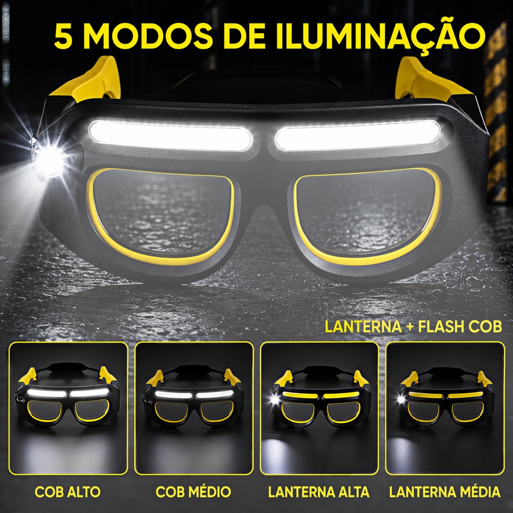 Óculos com LED Inteligente 1000mAh Recarregável - Sensor de Movimento 5 Modos com Lente de Sol para Pesca Ciclismo Traba