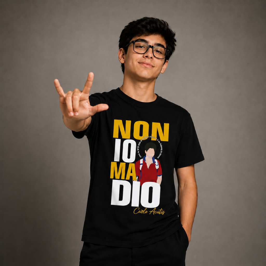 Camiseta Premium Preta Carlo Acutis - Non io, Ma Dio