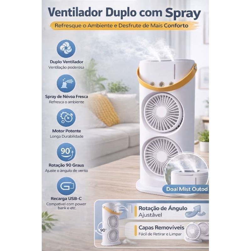 🔥 Ventilador Duplo-Climatizador Portátil-Controle Remoto-Led RGB-Alça De Couro-Umidificador Nebulizador-USB Recarregável