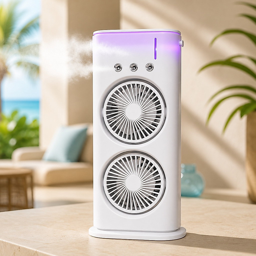 Mini Portátil Climatizador Camada Ventilador Dupla Umidificador Hélice Giratório+rgb Ar C/ Reservatório