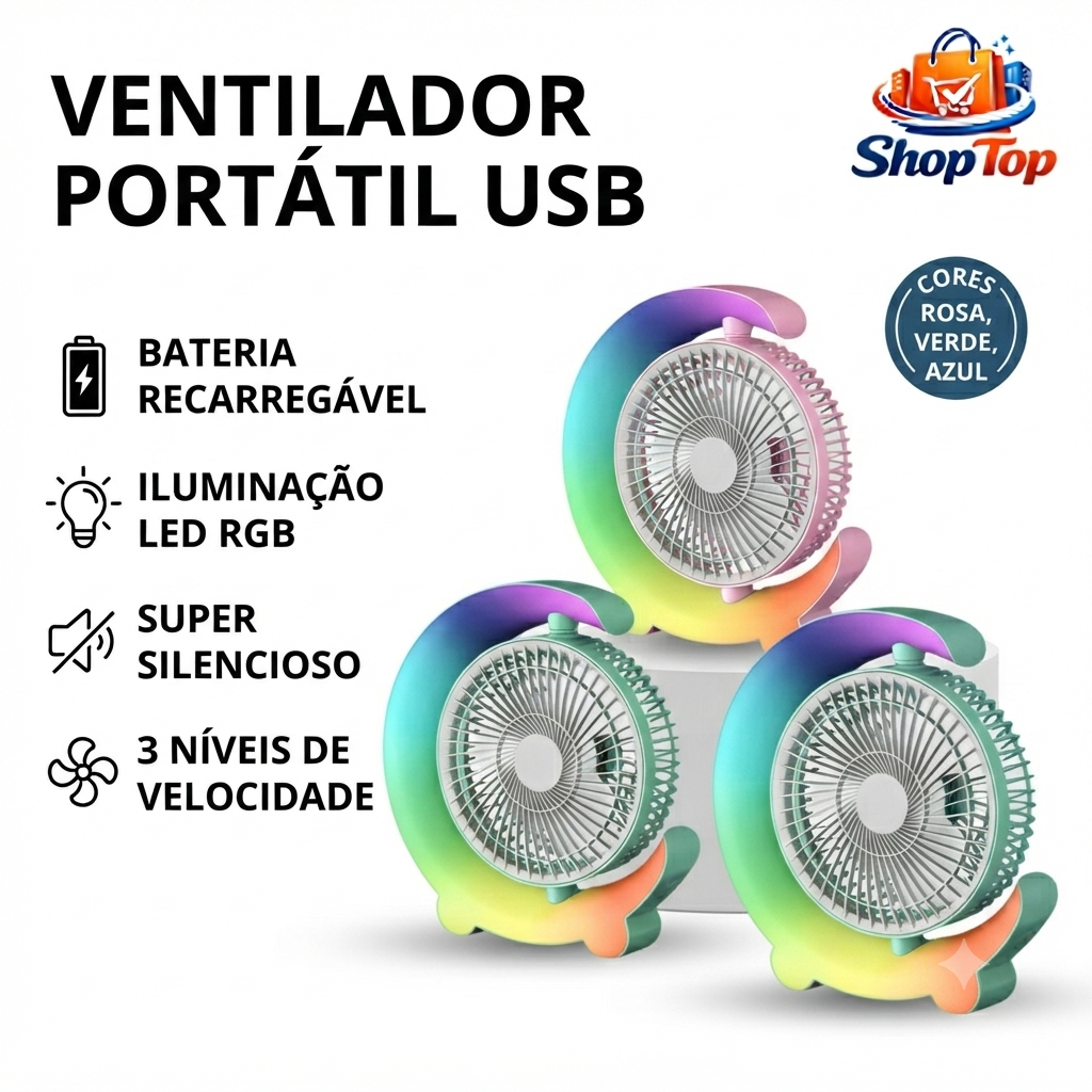 Ventilador Portátil Recarregável USB de Mesa LED RGB 3 Velocidades Silencioso Bivolt