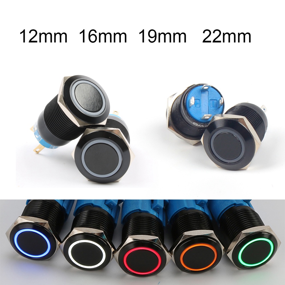 Preto 19mm 22mm Elétrica Levou Luz De Metal Botão Interruptor Momentâneo Engatamento À Prova D 'Água 12 V 220 V 24 V 3 V 6 V