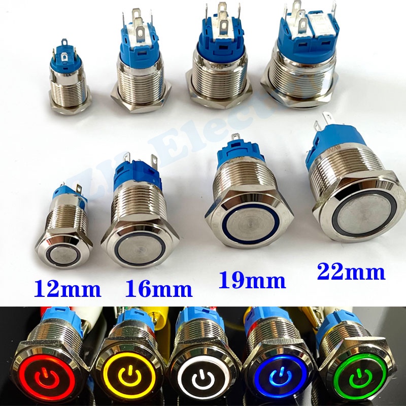 16mm Anel De Luz LED De Metal Botão Interruptor Momentâneo Tipo De Travamento De Energia 24 V 36 48 110-220