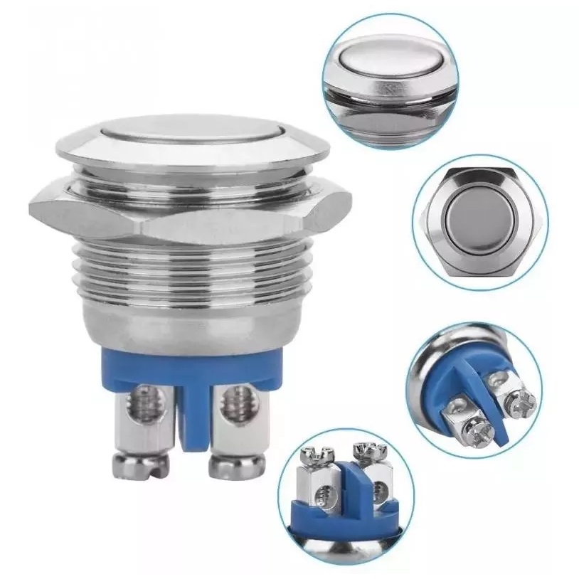 Botão Pulsador Momentâneo Inox 16mm Push Button Industrial 1NA IP67 5A