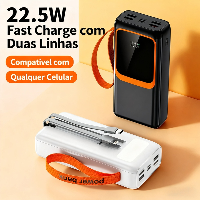 Em Stock! Power Bank 30000mAh Portátil – PD22.5W Carregamento Rápido com Cabo de Dados Integrado