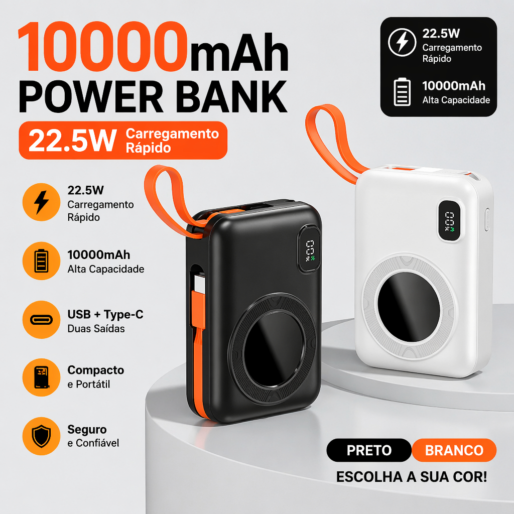 Carregador Portátil 10000mAh Com Tela PD22.5W Entrada Saída Rápida Mini